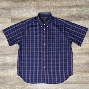 Christian Dior Button Up Shirt Men's L Short Sleeve Blue Red Plaid Crest Casual